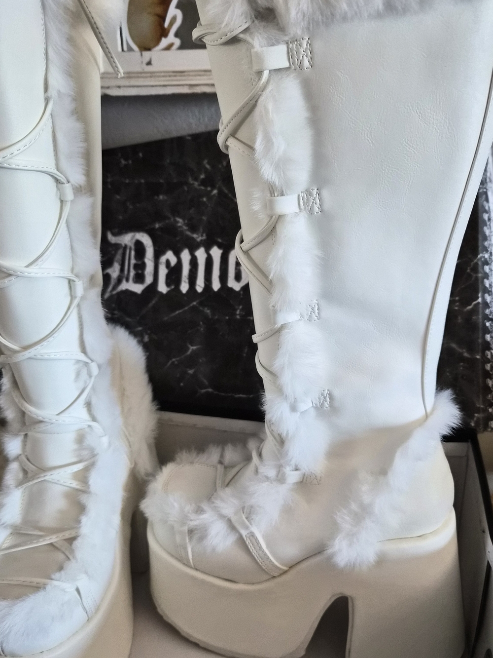 White Faux-Fur Platform Knee-High Boots - Women